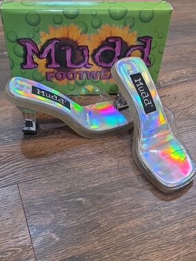 Mudd Mambo Iridescent Holographic Clear-Strap Heeled Slides